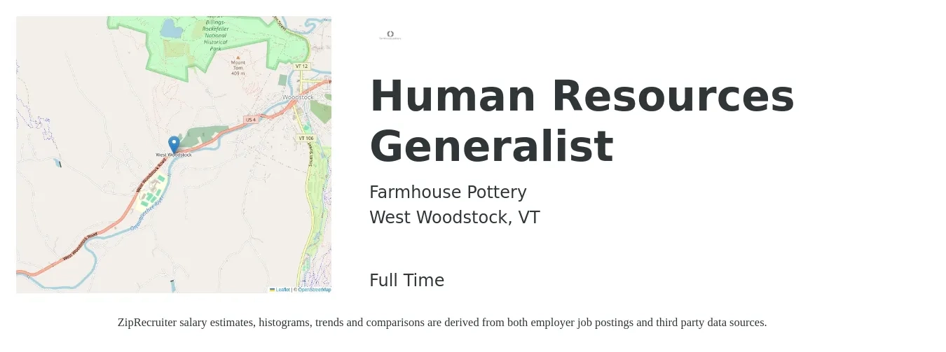 Farmhouse Pottery job posting for a Human Resources Generalist in West Woodstock, VT with a salary of $52,300 to $74,500 Yearly with a map of West Woodstock location.
