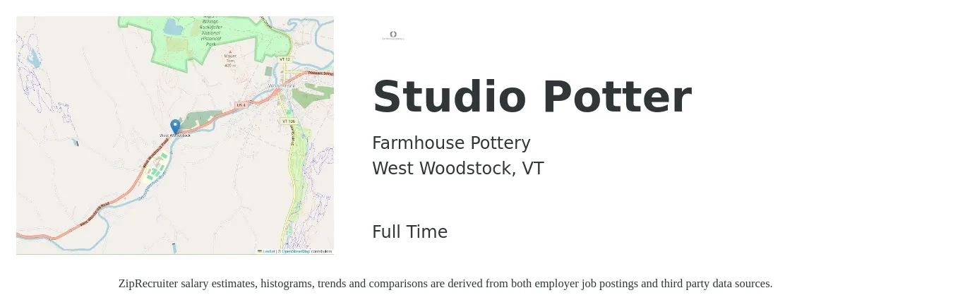 Farmhouse Pottery job posting for a Studio Potter in West Woodstock, VT with a salary of $42,300 to $60,400 Yearly with a map of West Woodstock location.