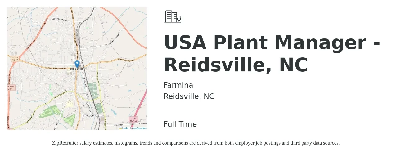 Farmina job posting for a USA Plant Manager - Reidsville, NC in Reidsville, NC with a salary of $82,100 to $126,700 Yearly with a map of Reidsville location.
