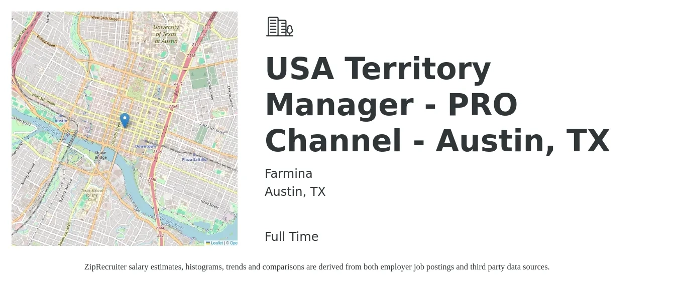 Farmina job posting for a USA Territory Manager - PRO Channel - Austin, TX in Austin, TX with a salary of $80,000 Yearly with a map of Austin location.
