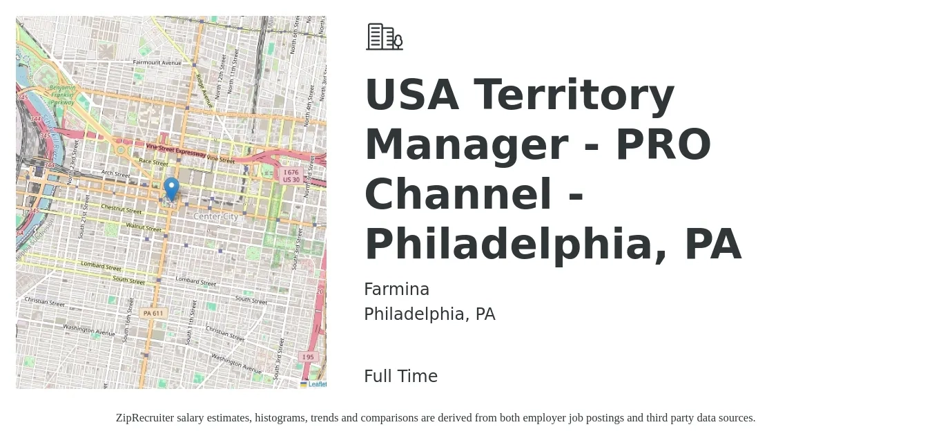 Farmina job posting for a USA Territory Manager - PRO Channel - Philadelphia, PA in Philadelphia, PA with a salary of $80,000 Yearly with a map of Philadelphia location.