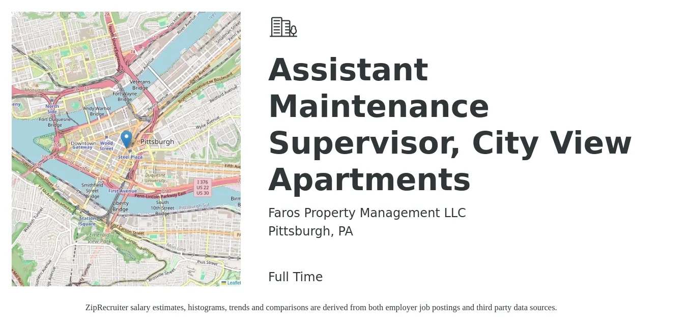 Faros Property Management LLC job posting for a Assistant Maintenance Supervisor, City View Apartments in Pittsburgh, PA with a salary of $21 to $36 Hourly with a map of Pittsburgh location.