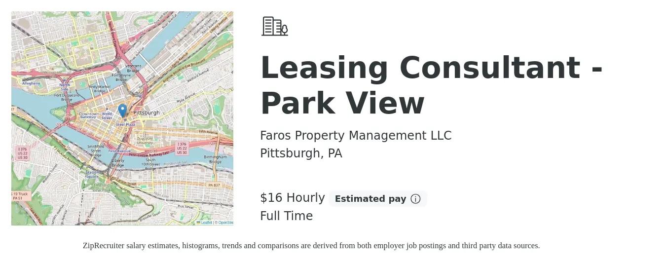 Faros Property Management LLC job posting for a Leasing Consultant - Park View in Pittsburgh, PA with a salary of $18 Hourly with a map of Pittsburgh location.