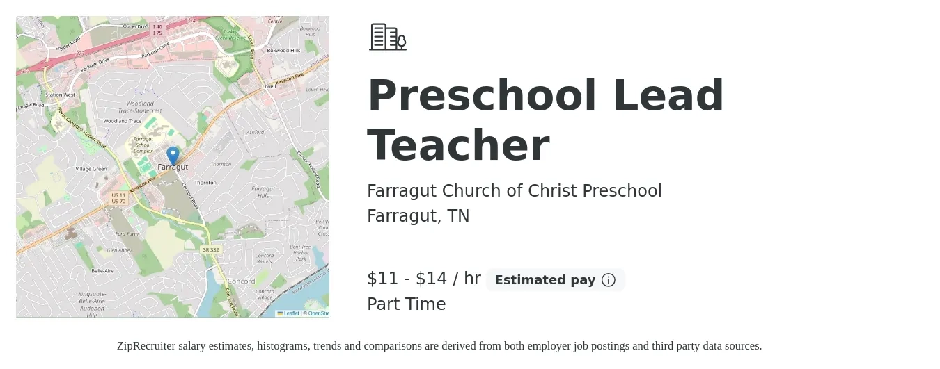 Farragut Church of Christ Preschool job posting for a Preschool Lead Teacher in Farragut, TN with a salary of $12 to $15 Hourly with a map of Farragut location.