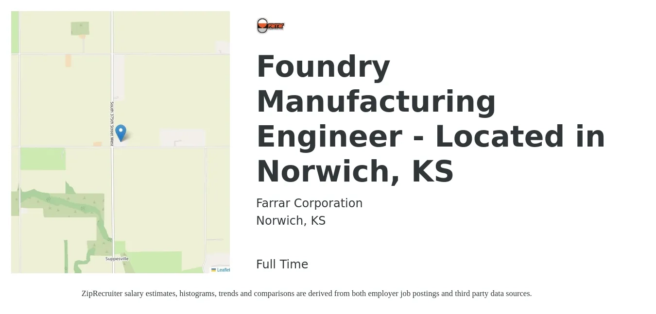 Farrar Corporation job posting for a Foundry Manufacturing Engineer - Located in Norwich, KS in Norwich, KS with a salary of $67,800 to $81,700 Yearly with a map of Norwich location.