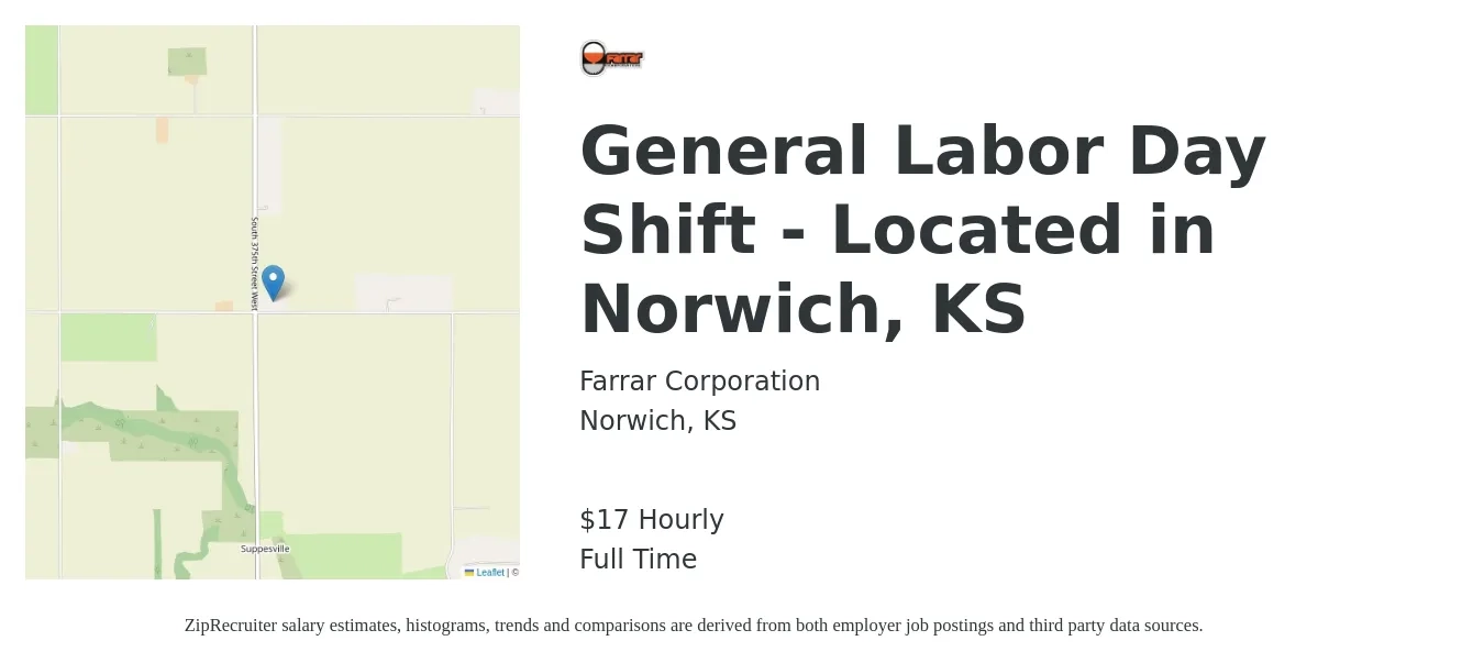 Farrar Corporation job posting for a General Labor Day Shift - Located in Norwich, KS in Norwich, KS with a salary of $18 Hourly with a map of Norwich location.