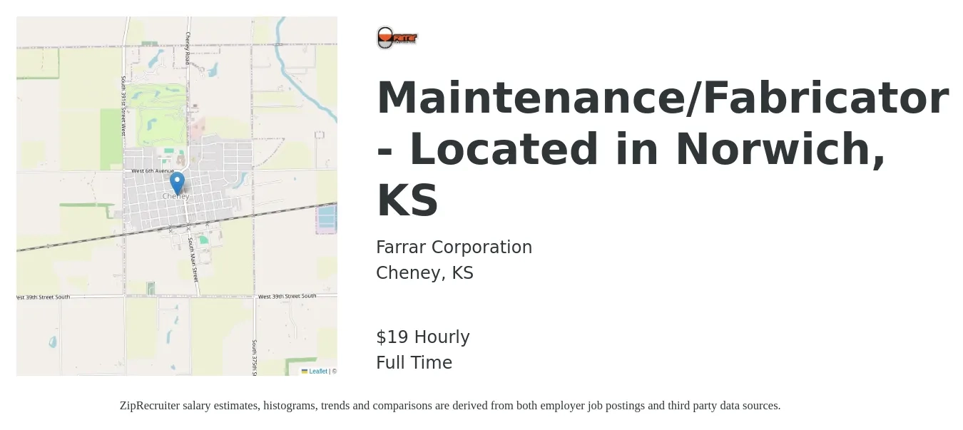 Farrar Corporation job posting for a Maintenance/Fabricator - Located in Norwich, KS in Cheney, KS with a salary of $20 Hourly with a map of Cheney location.