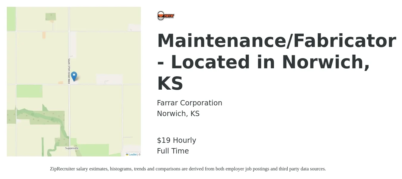 Farrar Corporation job posting for a Maintenance/Fabricator - Located in Norwich, KS in Norwich, KS with a salary of $20 Hourly with a map of Norwich location.