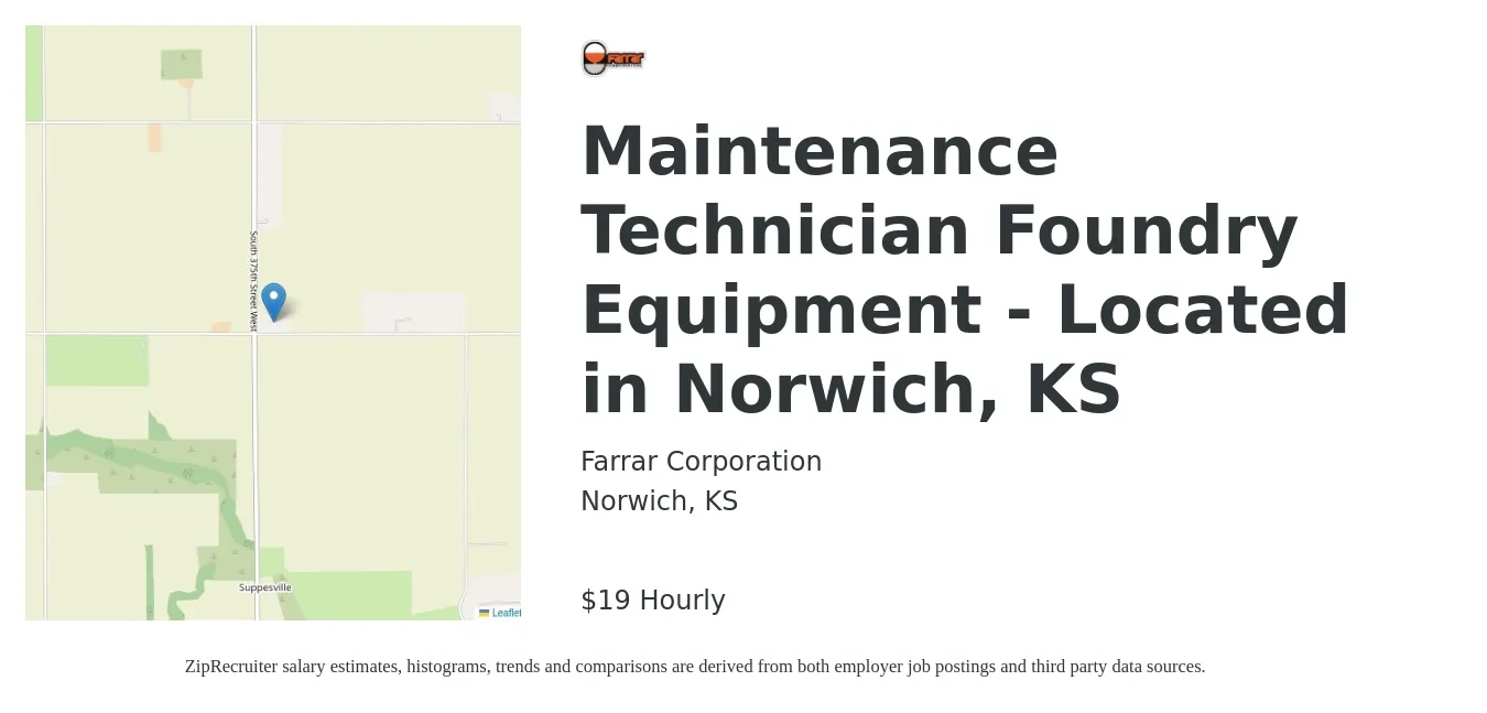 Farrar Corporation job posting for a Maintenance Technician Foundry Equipment - Located in Norwich, KS in Norwich, KS with a salary of $20 Hourly with a map of Norwich location.