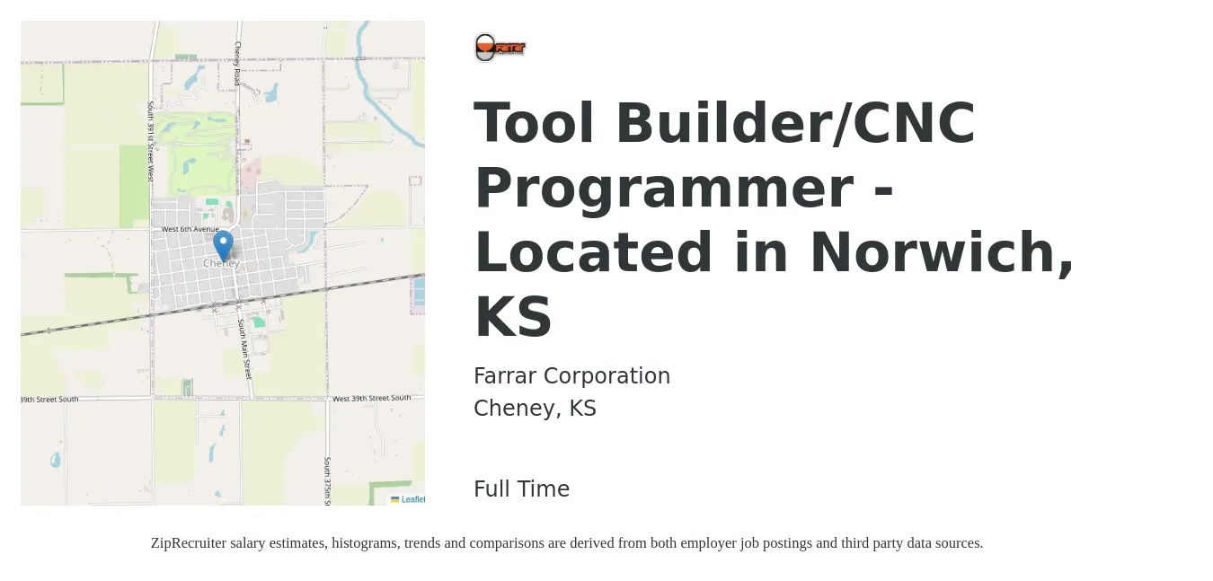 Farrar Corporation job posting for a Tool Builder/CNC Programmer - Located in Norwich, KS in Cheney, KS with a salary of $26 to $35 Hourly with a map of Cheney location.