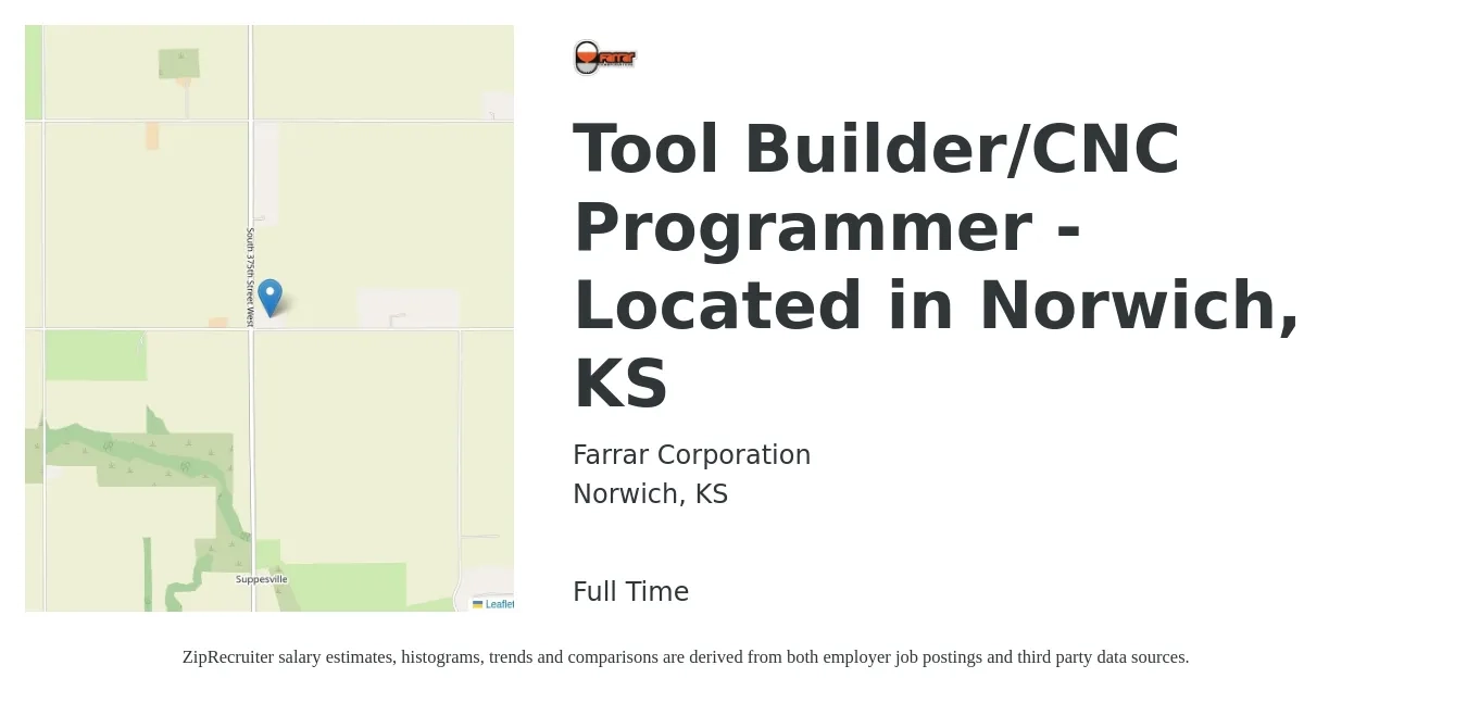 Farrar Corporation job posting for a Tool Builder/CNC Programmer - Located in Norwich, KS in Norwich, KS with a salary of $26 to $35 Hourly with a map of Norwich location.