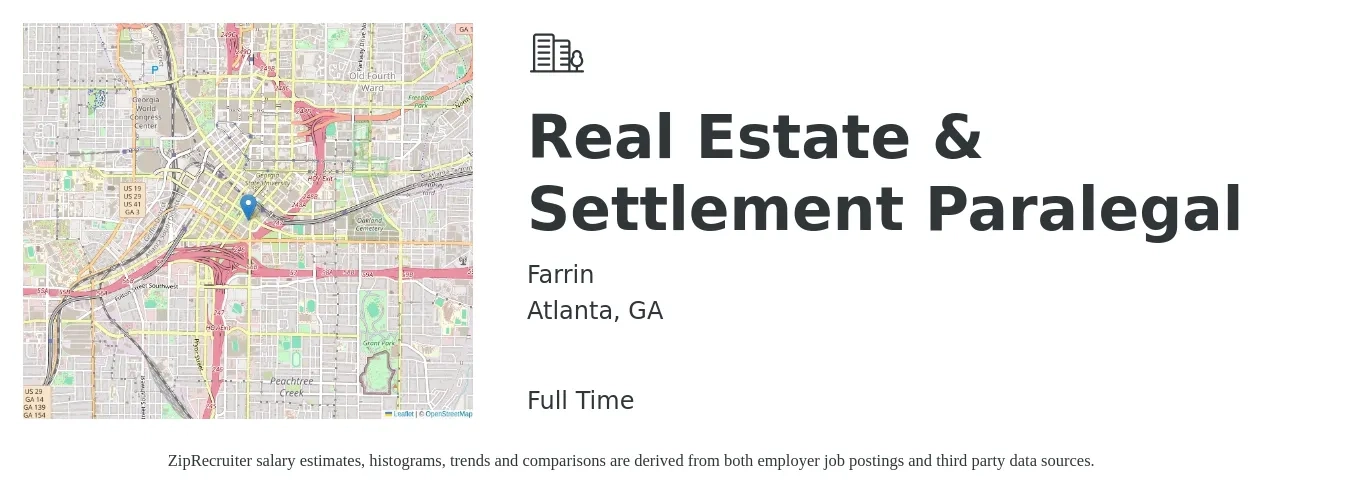 Farrin job posting for a Real Estate & Settlement Paralegal in Atlanta, GA with a salary of $51,900 to $81,300 Yearly with a map of Atlanta location.