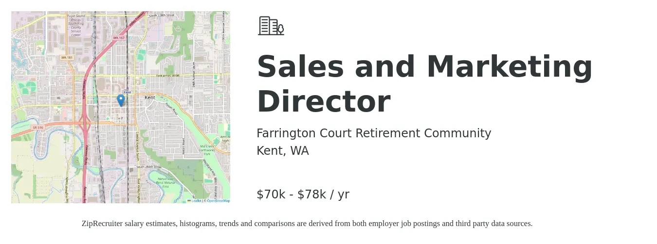 Farrington Court Retirement Community job posting for a Sales and Marketing Director in Kent, WA with a salary of $65,000 to $70,000 Yearly with a map of Kent location.