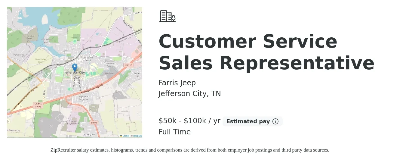 Farris Jeep job posting for a Customer Service Sales Representative in Jefferson City, TN with a salary of $50,000 to $100,000 Yearly with a map of Jefferson City location.
