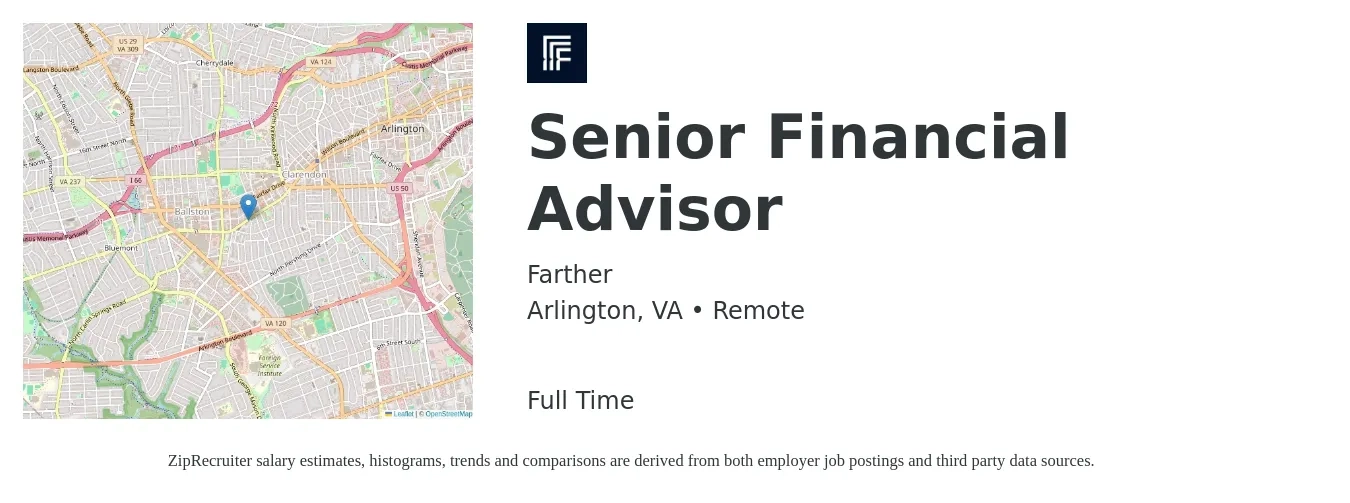 Farther job posting for a Senior Financial Advisor in Arlington, VA with a salary of $128,900 to $169,700 Yearly with a map of Arlington location.