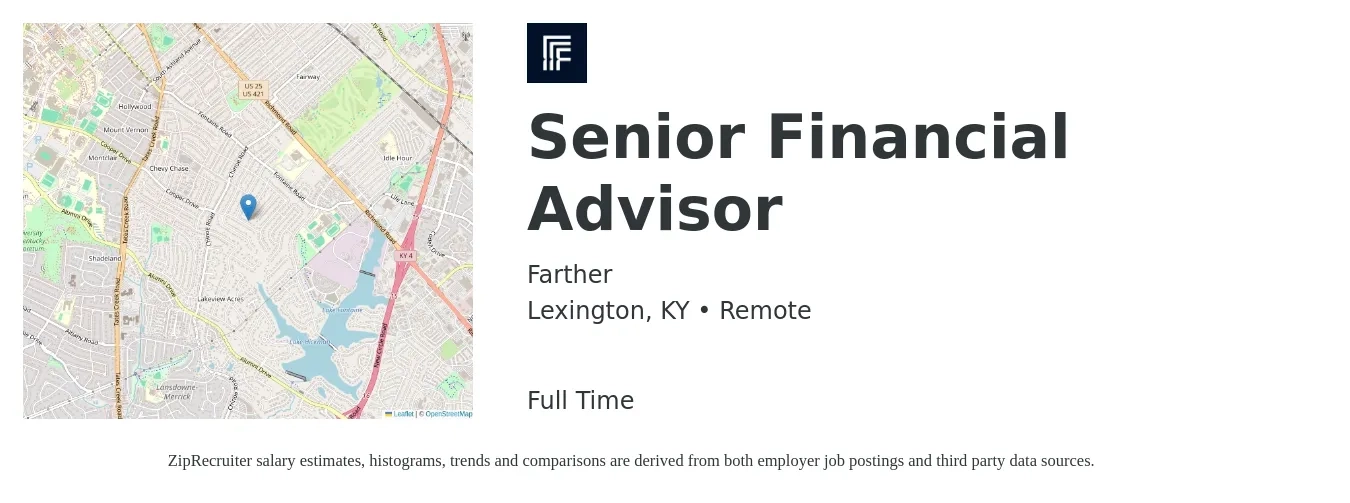 Farther job posting for a Senior Financial Advisor in Lexington, KY with a salary of $111,300 to $146,600 Yearly with a map of Lexington location.