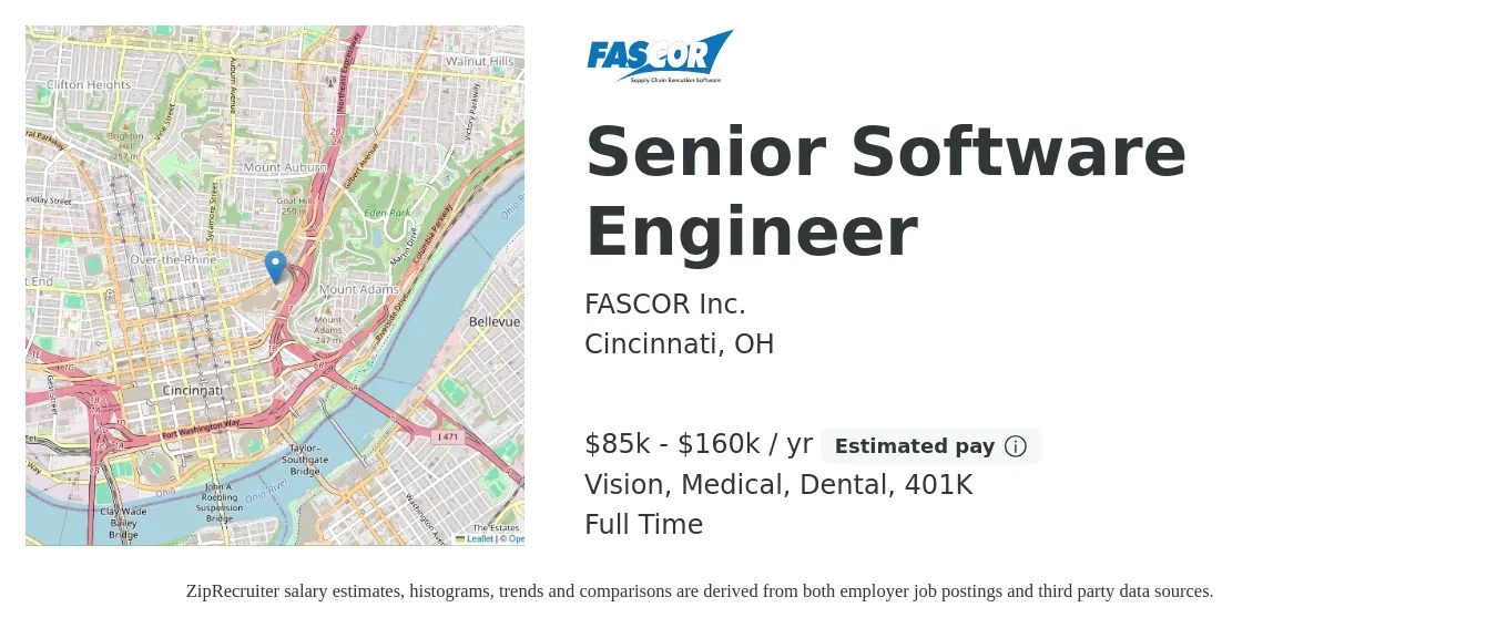 FASCOR Inc. job posting for a Senior Software Engineer in Cincinnati, OH with a salary of $85,000 to $160,000 Yearly and benefits including 401k, dental, life_insurance, medical, and vision with a map of Cincinnati location.