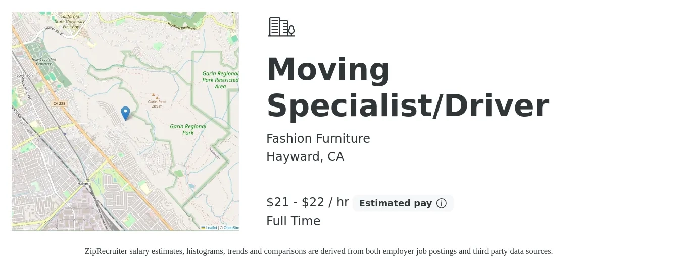 Fashion Furniture job posting for a Moving Specialist/Driver in Hayward, CA with a salary of $22 to $24 Hourly with a map of Hayward location.