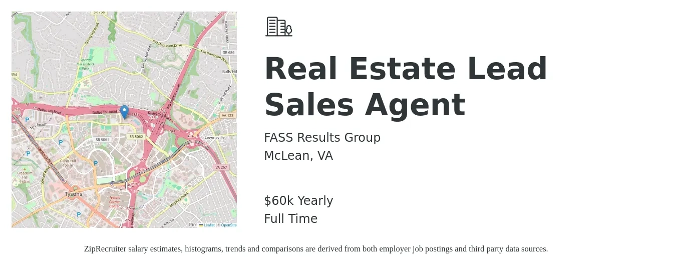 FASS Results Group job posting for a Real Estate Lead Sales Agent in McLean, VA with a salary of $60,000 Yearly with a map of McLean location.