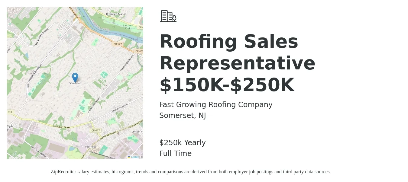 Fast Growing Roofing Company job posting for a Roofing Sales Representative $150K-$250K in Somerset, NJ with a salary of $250,000 Yearly with a map of Somerset location.