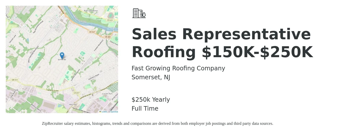 Fast Growing Roofing Company job posting for a Sales Representative Roofing $150K-$250K in Somerset, NJ with a salary of $250,000 Yearly with a map of Somerset location.