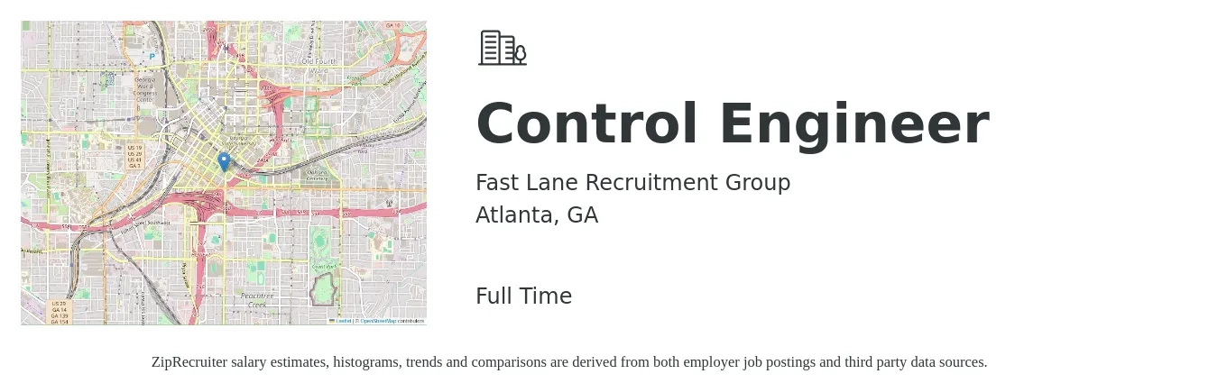 Fast Lane Recruitment Group job posting for a Control Engineer in Atlanta, GA with a salary of $75,000 to $95,000 Yearly with a map of Atlanta location.