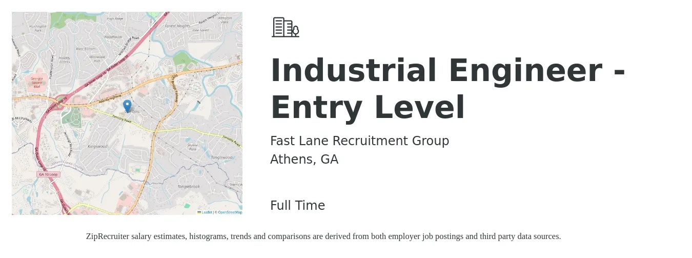 Fast Lane Recruitment Group job posting for a Industrial Engineer -Entry Level in Athens, GA with a salary of $75,000 to $85,000 Yearly with a map of Athens location.
