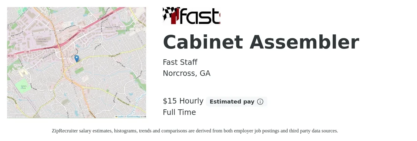 Fast Staff job posting for a Cabinet Assembler in Norcross, GA with a salary of $16 Hourly with a map of Norcross location.