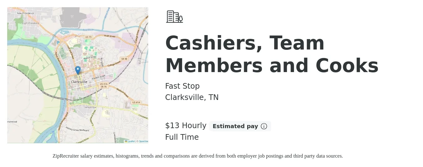 Fast Stop job posting for a Cashiers, Team Members and Cooks in Clarksville, TN with a salary of $14 Hourly with a map of Clarksville location.