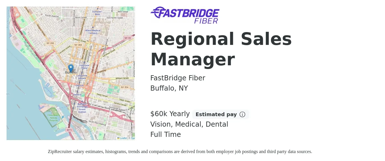 FastBridge Fiber job posting for a Regional Sales Manager in Buffalo, NY with a salary of $60,000 Yearly (plus commission) and benefits including vision, dental, life_insurance, medical, pto, and retirement with a map of Buffalo location.