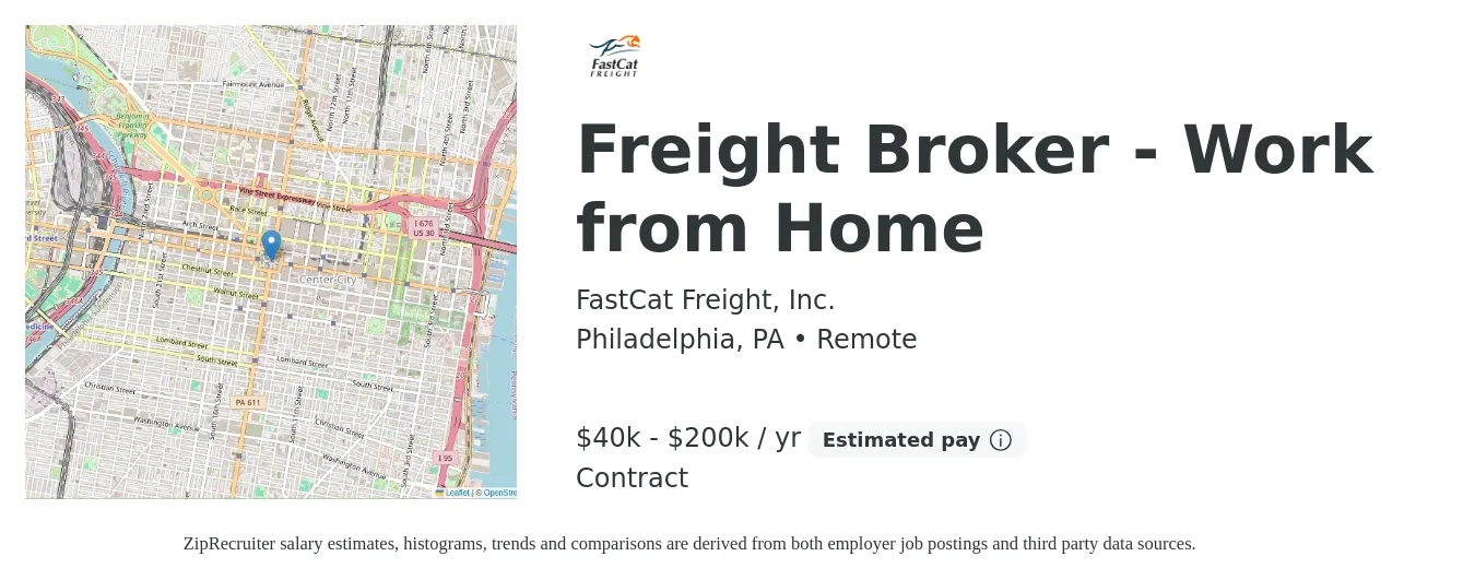 FastCat Freight, Inc. job posting for a Freight Broker - Work from Home in Philadelphia, PA with a salary of $40,000 to $200,000 Yearly with a map of Philadelphia location.