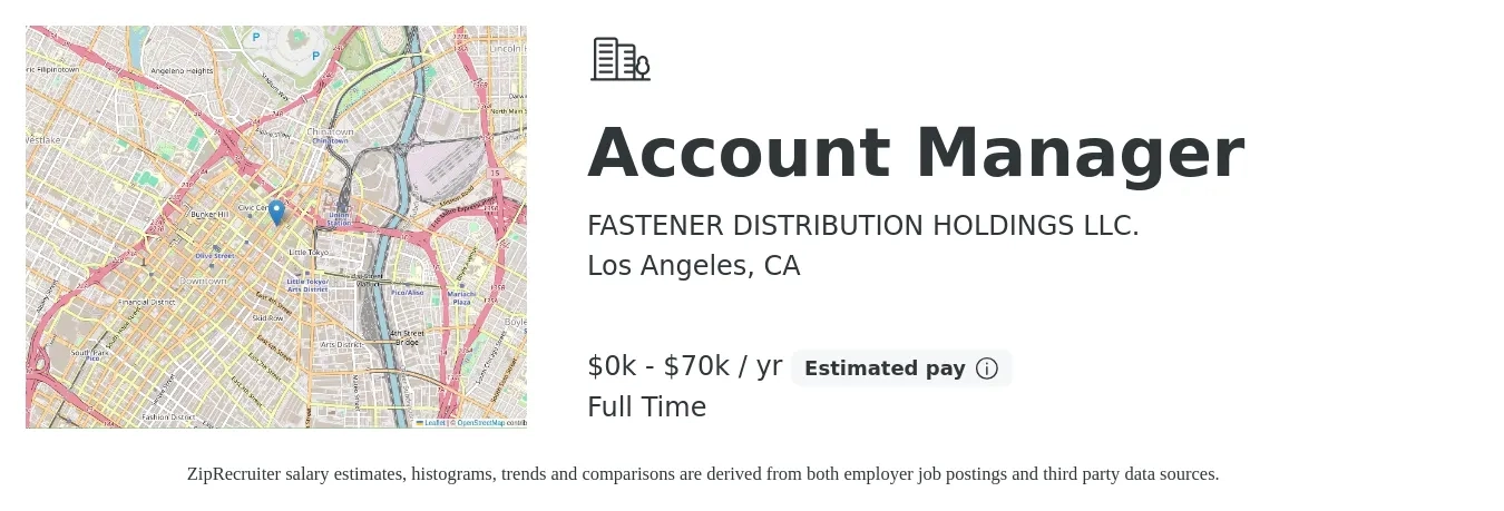 FASTENER DISTRIBUTION HOLDINGS LLC. job posting for a Account Manager in Los Angeles, CA with a salary of $1 to $70,000 Yearly with a map of Los Angeles location.