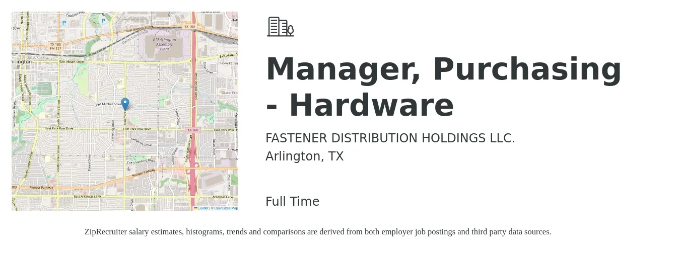 FASTENER DISTRIBUTION HOLDINGS LLC. job posting for a Manager, Purchasing - Hardware in Arlington, TX with a salary of $59,800 to $92,000 Yearly with a map of Arlington location.