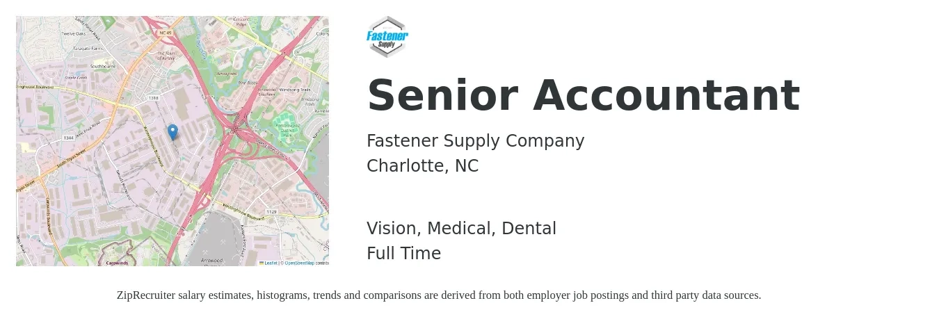 Fastener Supply Company job posting for a Senior Accountant in Charlotte, NC with a salary of $72,300 to $90,800 Yearly and benefits including medical, pto, retirement, vision, dental, and life_insurance with a map of Charlotte location.