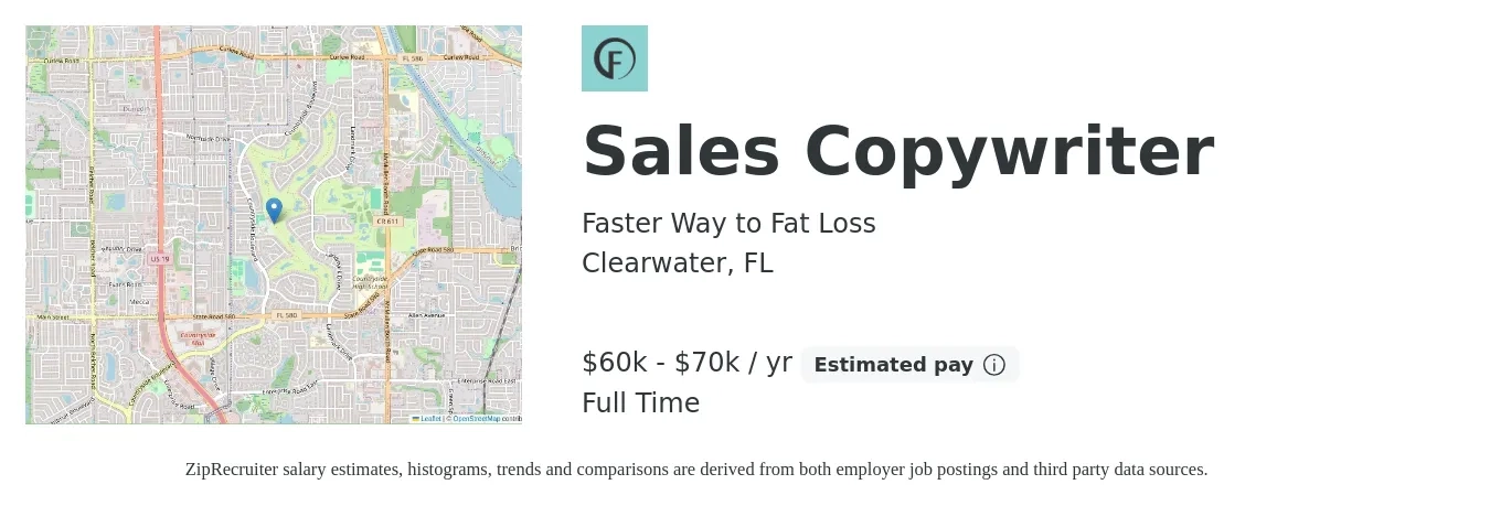 Faster Way to Fat Loss job posting for a Sales Copywriter in Clearwater, FL with a salary of $60,000 to $70,000 Yearly with a map of Clearwater location.