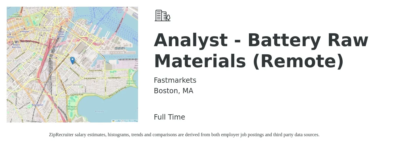 Fastmarkets job posting for a Analyst - Battery Raw Materials (Remote) in Boston, MA with a salary of $57,000 to $94,500 Yearly with a map of Boston location.