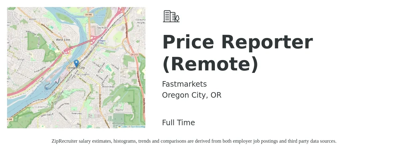 Fastmarkets job posting for a Price Reporter (Remote) in Oregon City, OR with a salary of $20 to $31 Hourly with a map of Oregon City location.