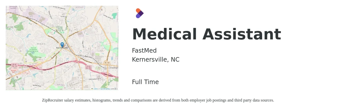 FastMed job posting for a Medical Assistant in Kernersville, NC with a salary of $16 to $21 Hourly with a map of Kernersville location.