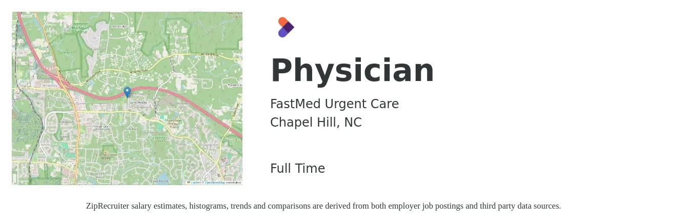 FastMed Urgent Care job posting for a Physician in Chapel Hill, NC with a salary of $174,200 to $224,200 Yearly with a map of Chapel Hill location.