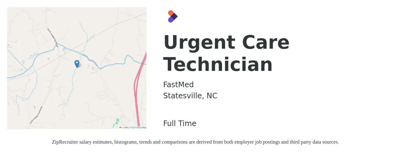 FastMed job posting for a Urgent Care Technician in Statesville, NC with a salary of $19 to $24 Hourly with a map of Statesville location.