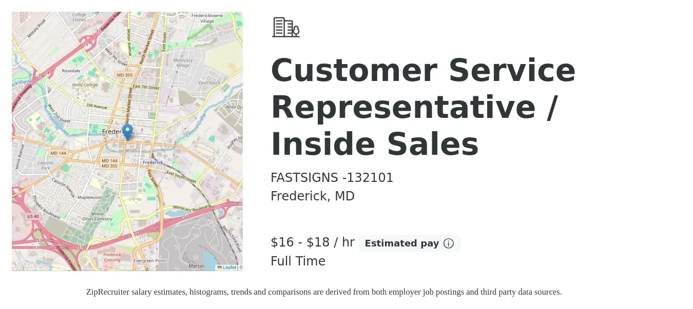 FASTSIGNS -132101 job posting for a Customer Service Representative / Inside Sales in Frederick, MD with a salary of $17 to $19 Hourly with a map of Frederick location.