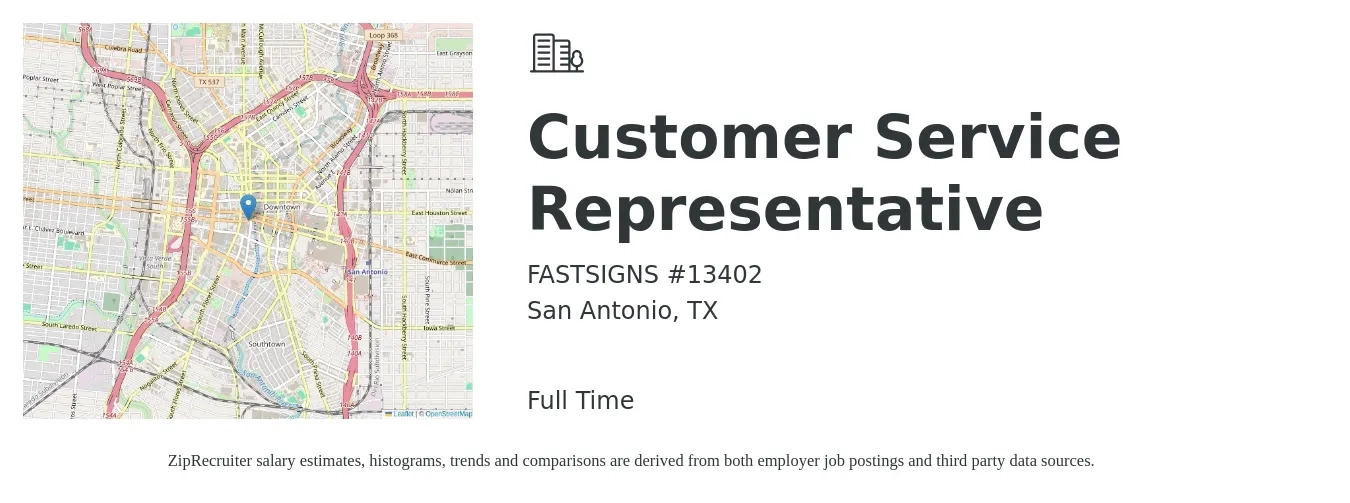 FASTSIGNS #13402 job posting for a Customer Service Representative in San Antonio, TX with a salary of $36,500 to $40,000 Monthly with a map of San Antonio location.