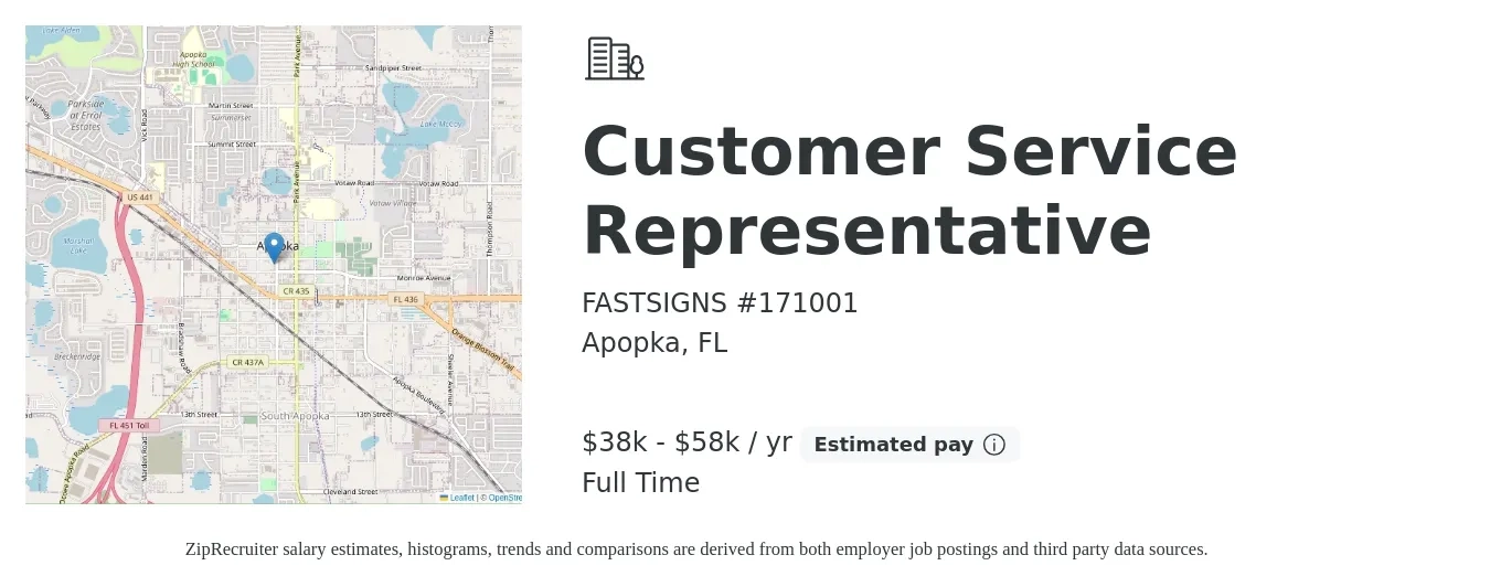 FASTSIGNS #171001 job posting for a Customer Service Representative in Apopka, FL with a salary of $45,000 to $65,000 Yearly with a map of Apopka location.