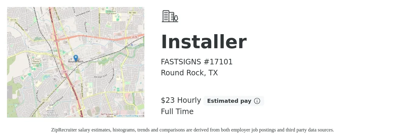 FASTSIGNS #17101 job posting for a Installer in Round Rock, TX with a salary of $24 Hourly with a map of Round Rock location.