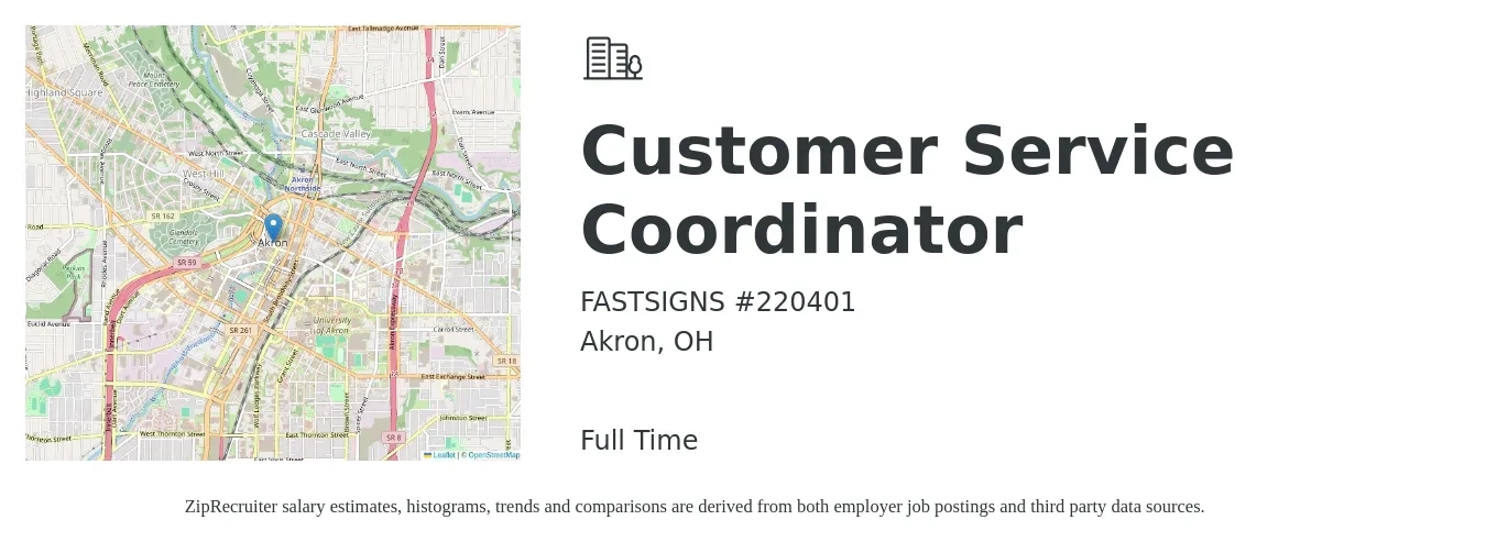 FASTSIGNS #220401 job posting for a Customer Service Coordinator in Akron, OH with a salary of $17 to $22 Hourly with a map of Akron location.