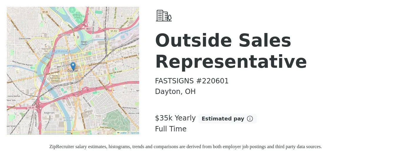 FASTSIGNS #220601 job posting for a Outside Sales Representative in Dayton, OH with a salary of $35,000 Yearly with a map of Dayton location.