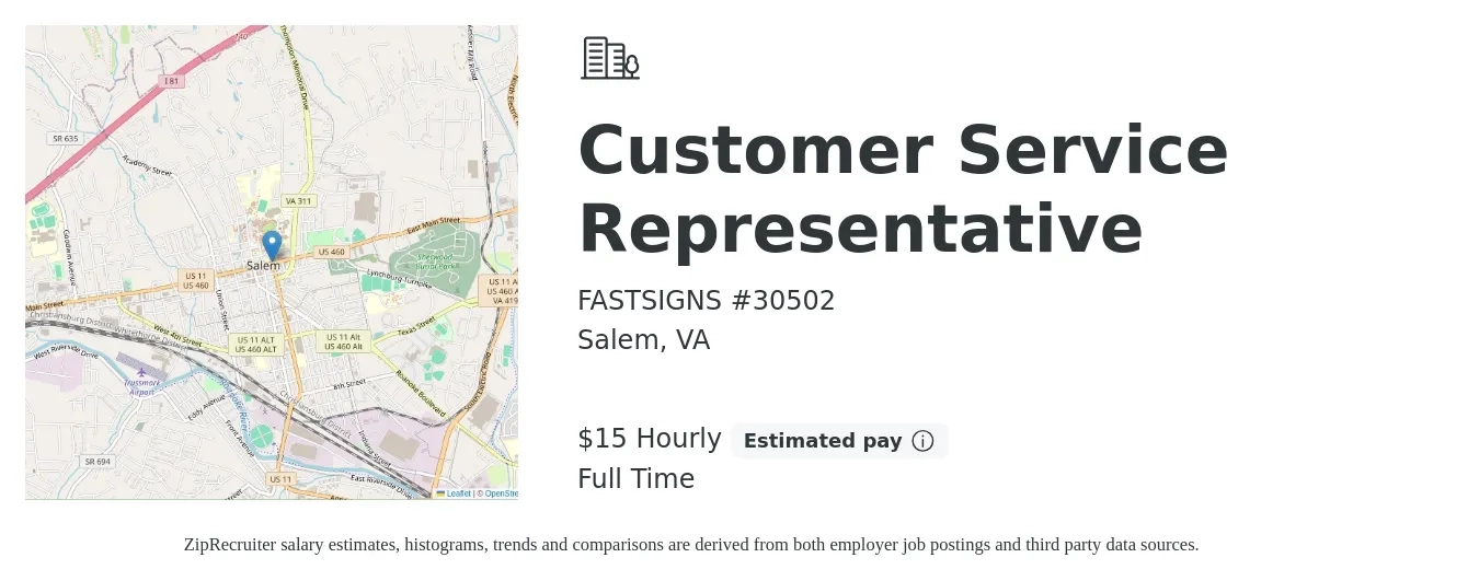 FASTSIGNS #30502 job posting for a Customer Service Representative in Salem, VA with a salary of $16 Hourly with a map of Salem location.