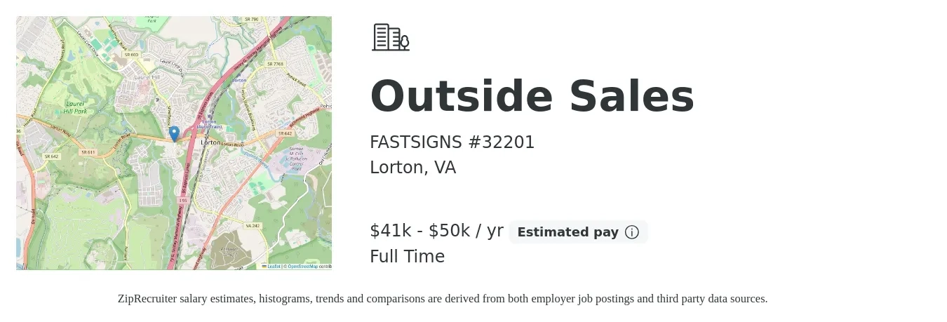 FASTSIGNS #32201 job posting for a Outside Sales in Lorton, VA with a salary of $41,600 to $50,000 Yearly with a map of Lorton location.