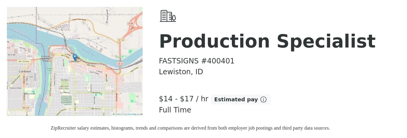 FASTSIGNS #400401 job posting for a Production Specialist in Lewiston, ID with a salary of $15 to $18 Hourly with a map of Lewiston location.