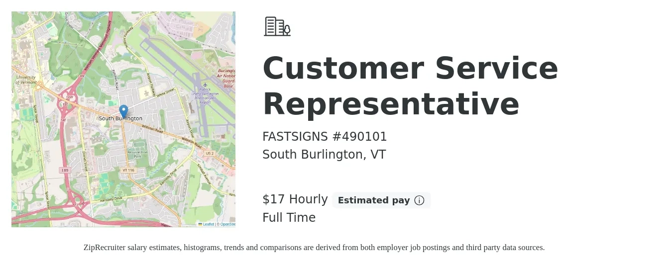 FASTSIGNS #490101 job posting for a Customer Service Representative in South Burlington, VT with a salary of $18 Hourly with a map of South Burlington location.